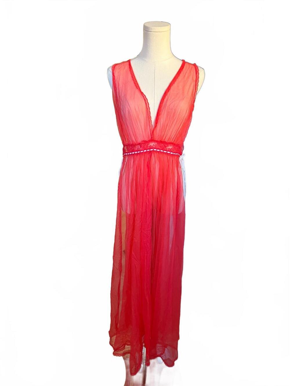 Sheer Red Sleeveless Maxi Dress with Deep V Neck and Side Ties